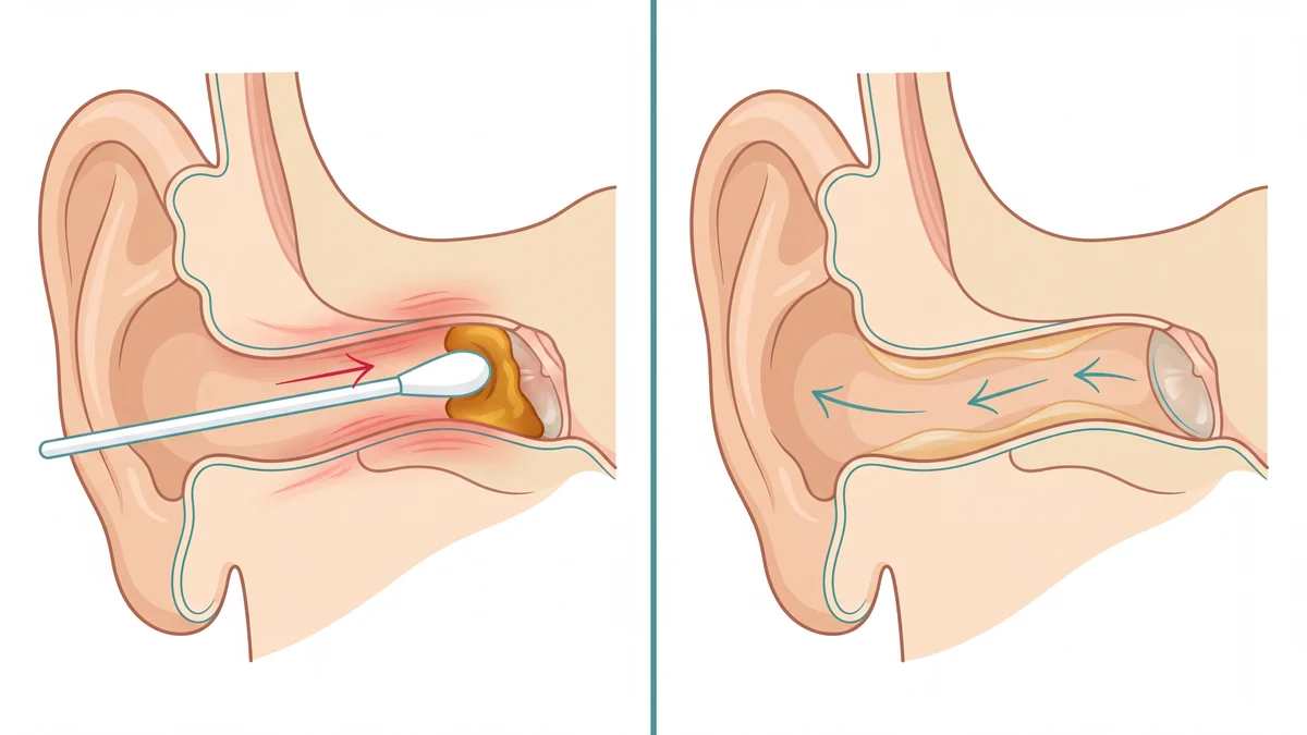¿Es malo usar cotonetes? Cómo limpiar tus oídos correctamente 7 Comparación: el cotonete empuja la cerilla y forma un tapón contra el tímpano; el oído sano la expulsa solo
