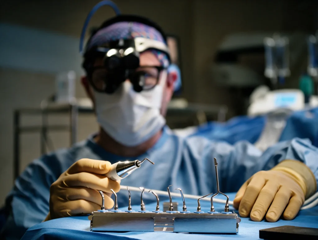Cirujano con pieza de mano piezoeléctrica e instrumental de rinoplastia ultrasónica